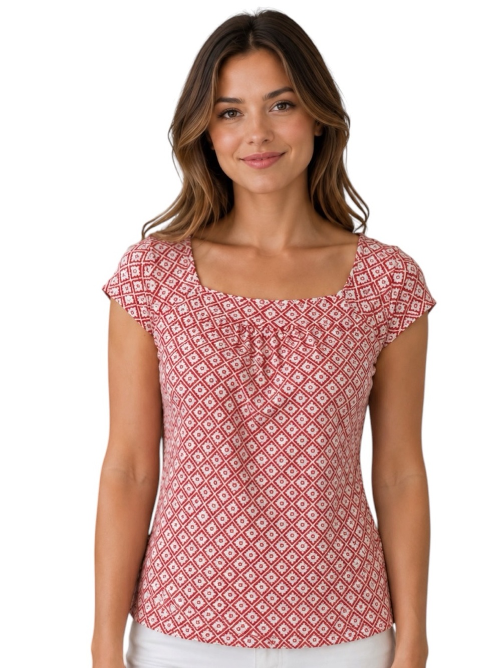 Ann Taylor Red White Geometric Print Top Size XS Square Neck Short Sleeve Tee